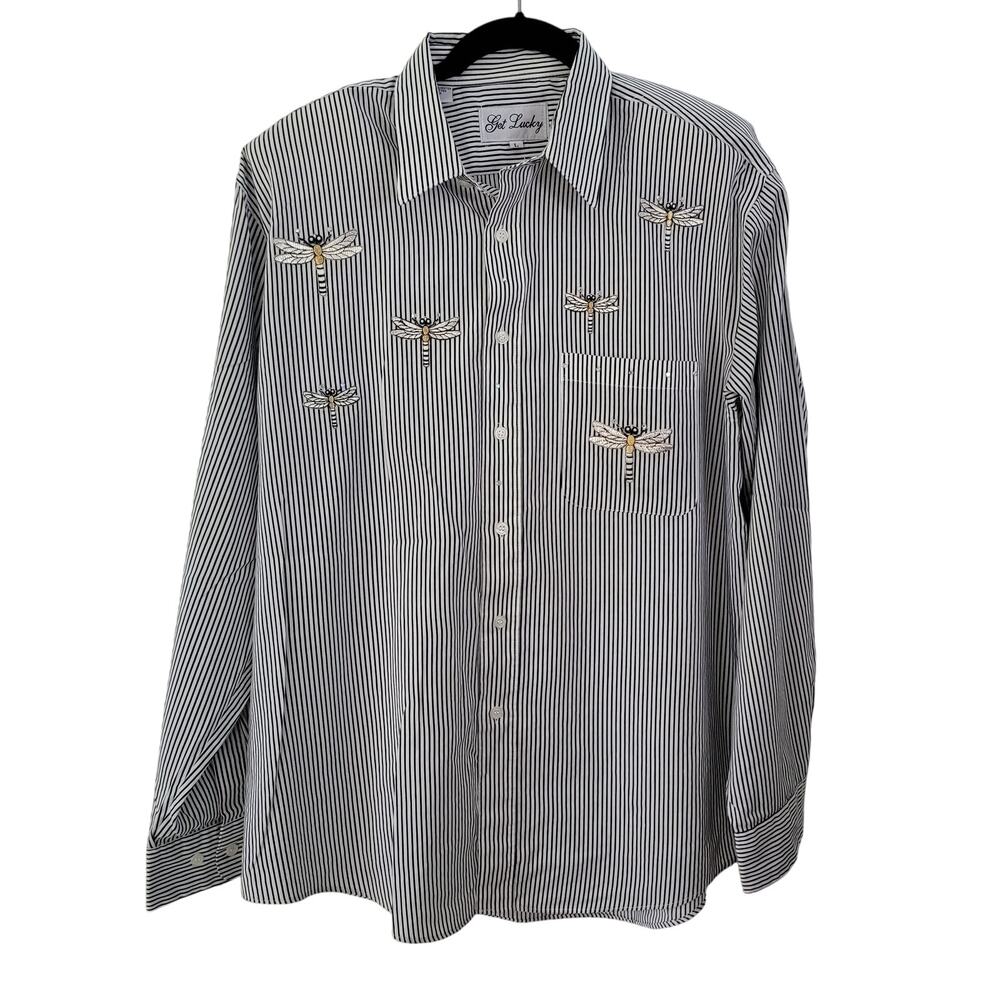 Get Lucky Size L Sequined Dragonfly Striped Button Up Shirt‎ Mature Nature